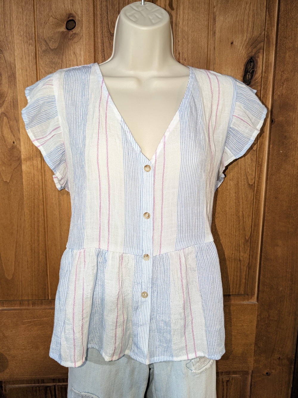 Lightweight Striped Button-Front Peplum Top - White with Blue & Pink Stripes